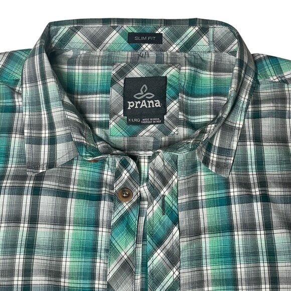 Prana Mens Slim Fit XL Green/Gray Plaid Short Sleeve Button-Up Shirt X-Large - Picture 2 of 12
